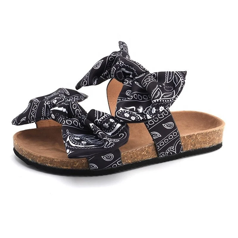
Womens graffiti slides beach slipper lady flat slide sandals slip on bowknot open toe comfortable cork sandals 