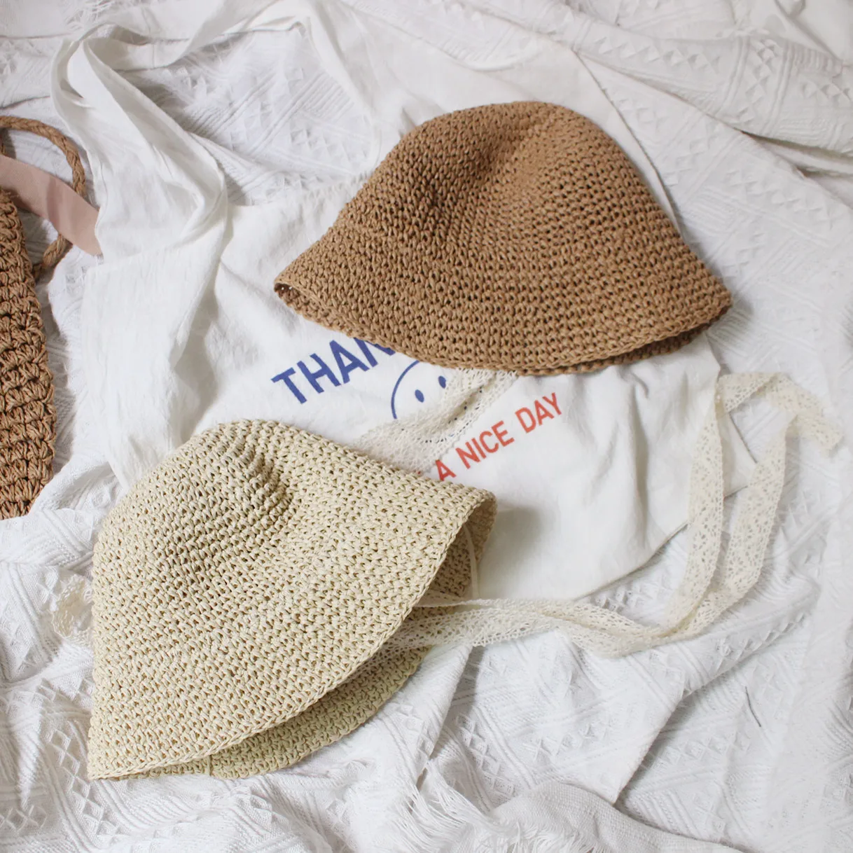 Wholesale Kids Straw Hats with long lace Summer Sun Hats for children 100% handmade sunscreen cap baby girls Brim Bucket hat