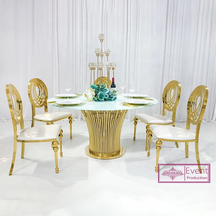 Wedding furniture round glass top restaurant dining table gold stainless steel wedding table