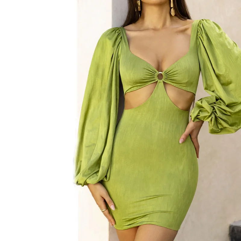 
Elegant Fashion Slender Women deep V Neck Flare Sleeve Slim Solid Color Tight Sexy Sexy Mini Dress 