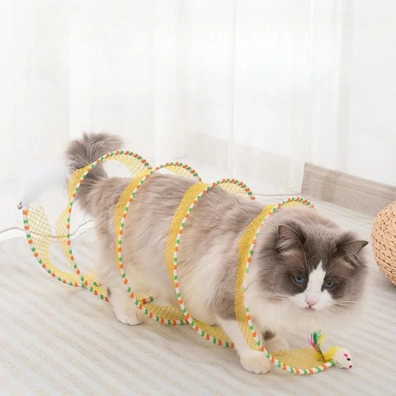 Collapsible Bite Resistant Cat Spiral Tunnel Teaser Self Relief Mouse Feather Cat Folding Tunnel Toys