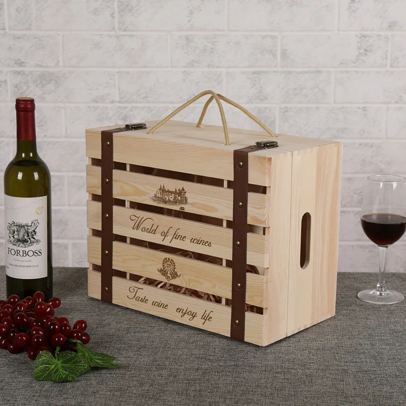 Деревянная коробка ручной работы из сосны с ремнем для упаковки логотипа вина, индивидуальная Подарочная фабрика, оптовая продажа
