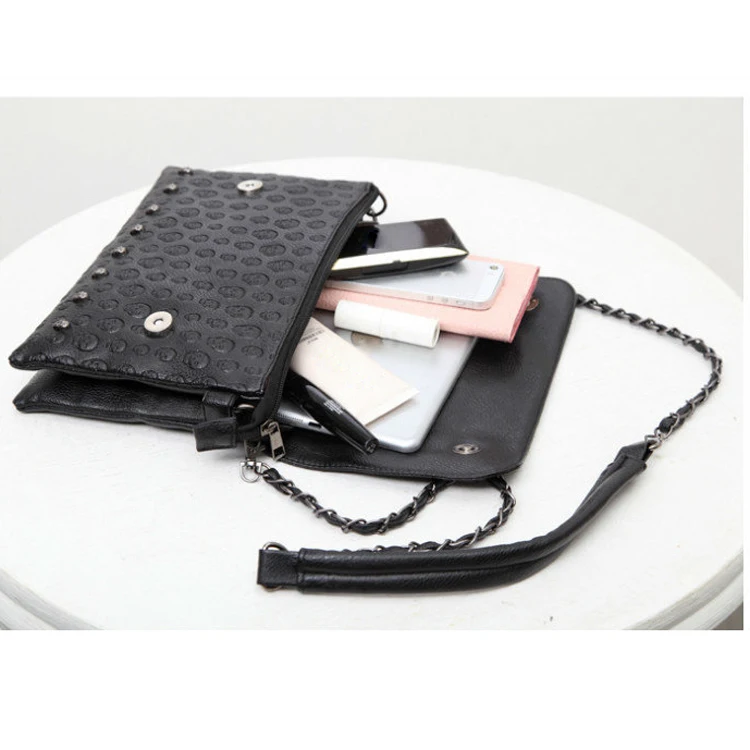 Vintage Punk Black Leather Skull Rivet Purse Pu Braided Iron Chain Handbag Women Crossbody Bag