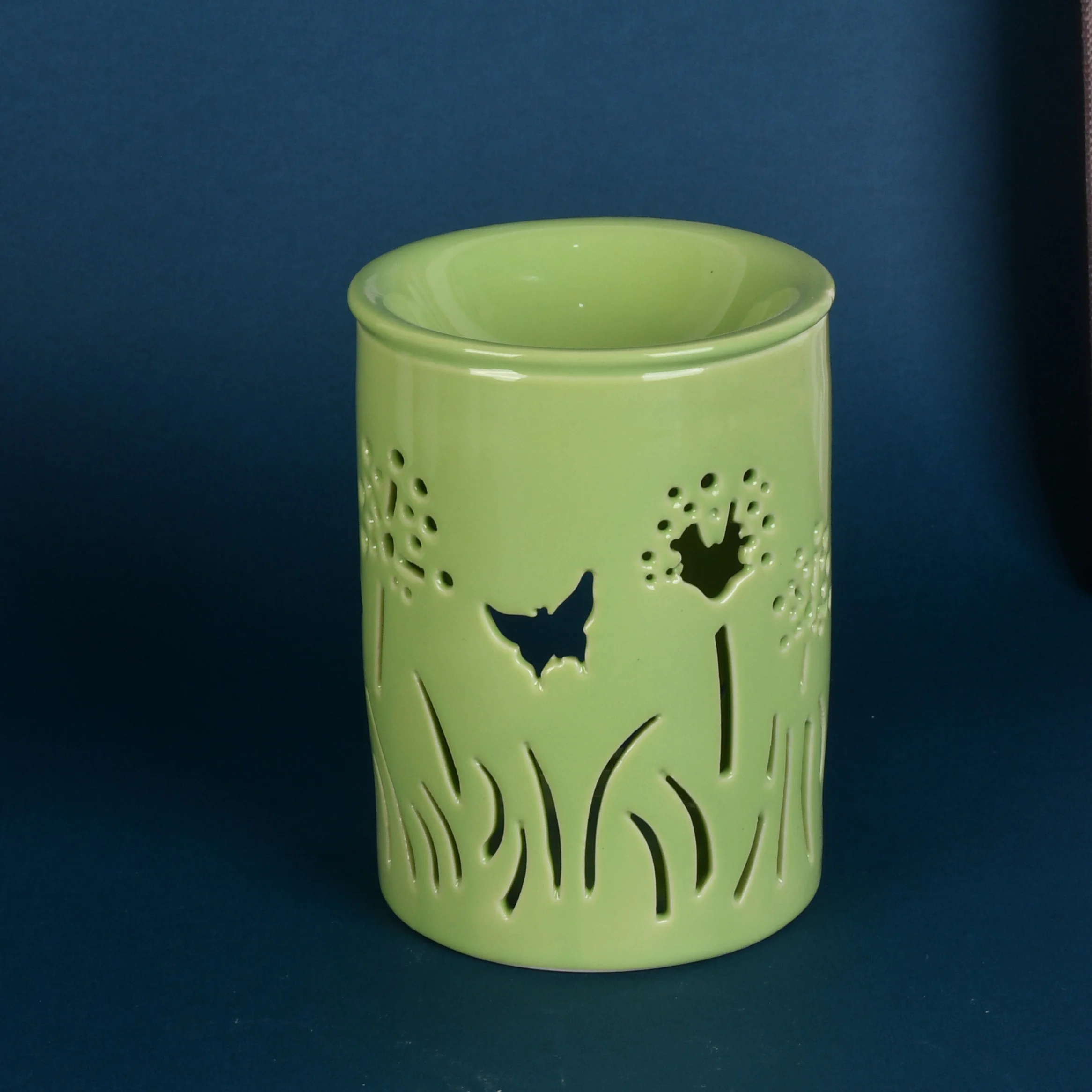 Ceramic Tea Light Holder Aromatherapy Essential Oil Burner Wax Warmer Tealight Holder with Green butterfly Pattern for Birthday