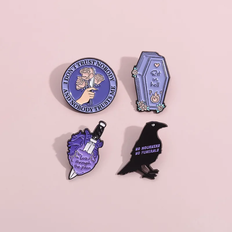 Fun Purple Crow Animal heart coffin early Metal brooch Clothing accessories collar pin badge