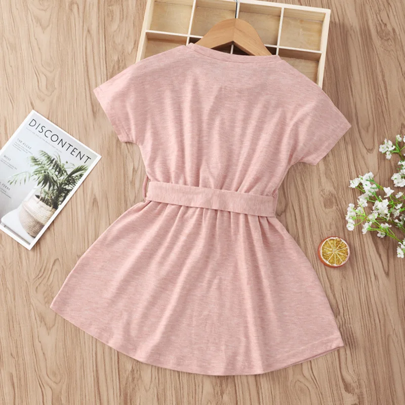 Custom Girls Kids Cotton Dresses Party Princess Designs Frock Short Sleeves Cotton Children Girl Dress With Belt