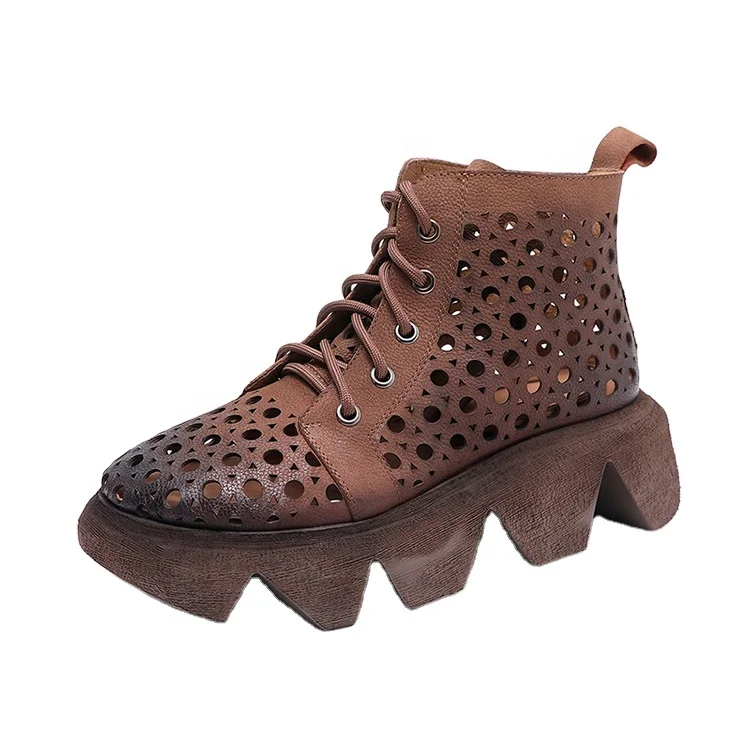 Handmade casual leather retro lace up women shoes 2020 spring and summer new thick bottom slope with ethnic wind hollow sandals