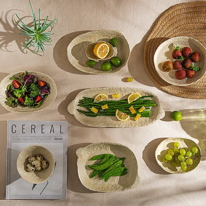 Hot Selling Nordic Style Handmade Ceramic Plate Rice Pottery Bowl Tableware Porcelain Dish Dinnerware Luxury Set