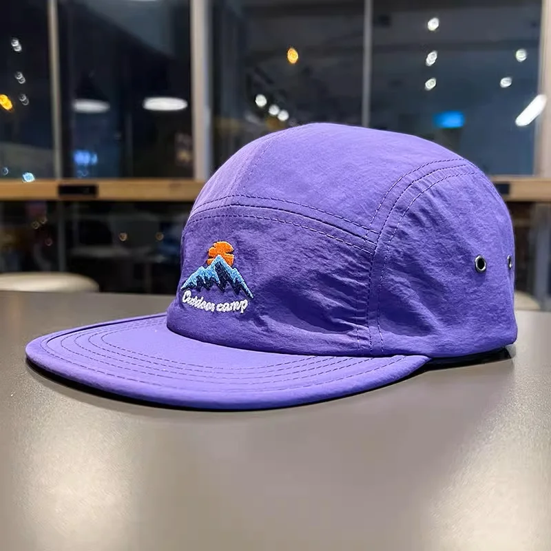 Unstructured Quick Dry Cap Nylon Lightweight Breathable 5 Panel Hat Flat Brim Embroidered Camp Cap Running Hat With Custom Logo