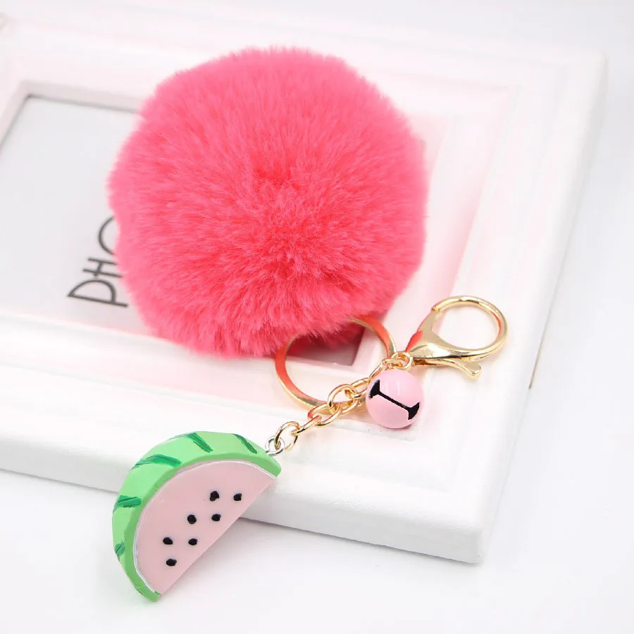 Kawaii pom Pom Key chains Fake Rabbit fur ball key chains pompoms de fourrure fluffy Bag Charm Pendant decor watermelon keychain