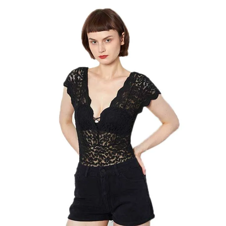 
Bodycon Sexy Black Lace Organic V Neck Short T Shirt Women Crop Top 