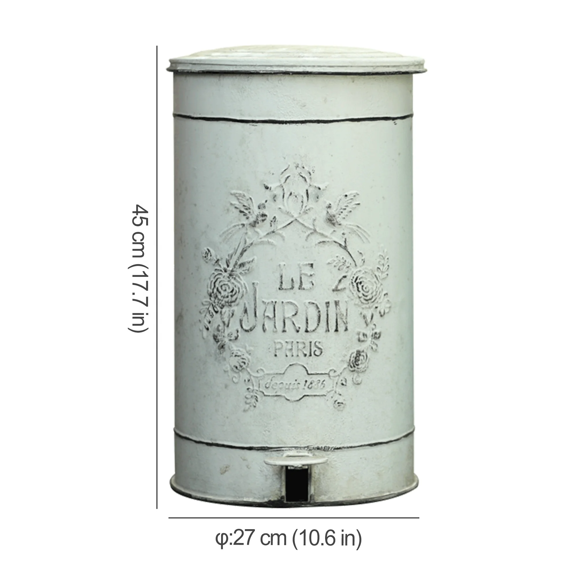 Home Decoration Ornaments Retro Wrought Iron Trash Can Pedal Type with Lid Garden Villa Trash Bin Waste Paper Basket