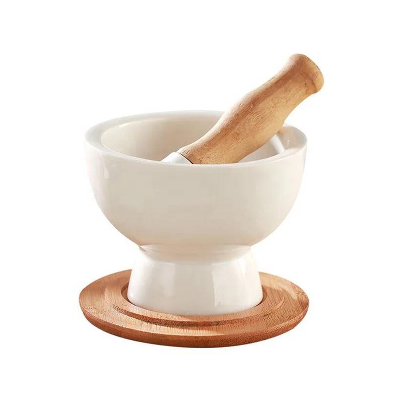 Heavy Ceramic Pestle And Mortar Garlic Press Pounder Bamboo Lid Salt Grinding Mill Squeezer Pepper Crusher Kitchen Manual Tool