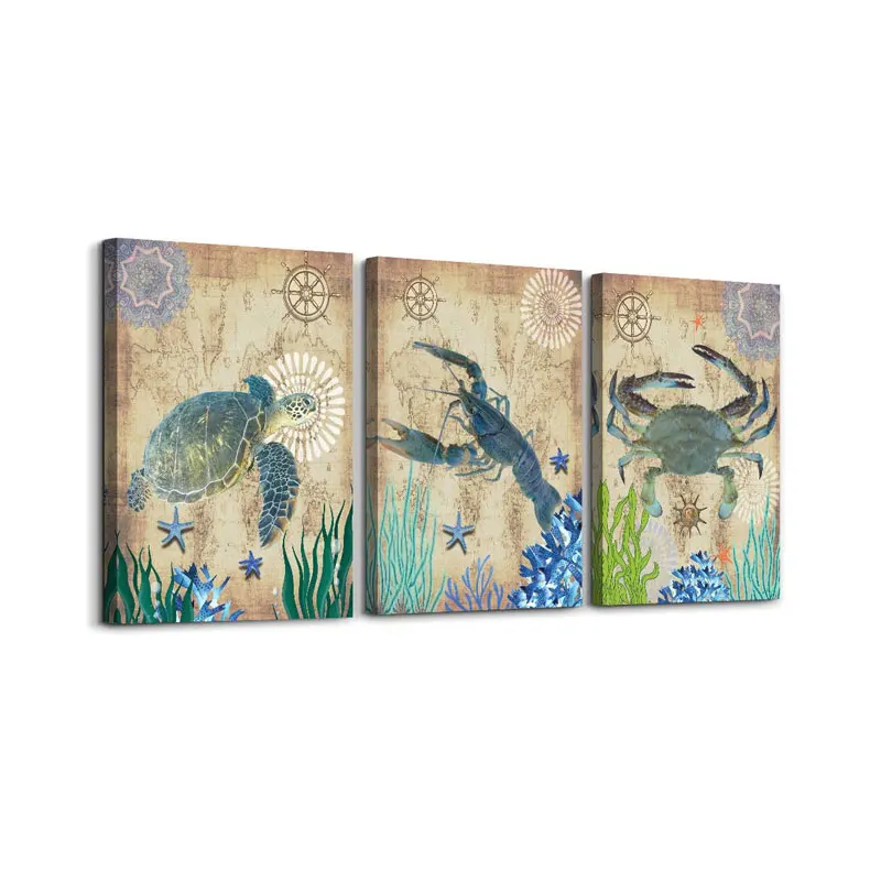 
 Зеленый морскую тематику средиземноморском стиле Черепашки-ниндзя креветок и крабов, живопись на холсте, настенные художественные росписи на холсте фотографии  