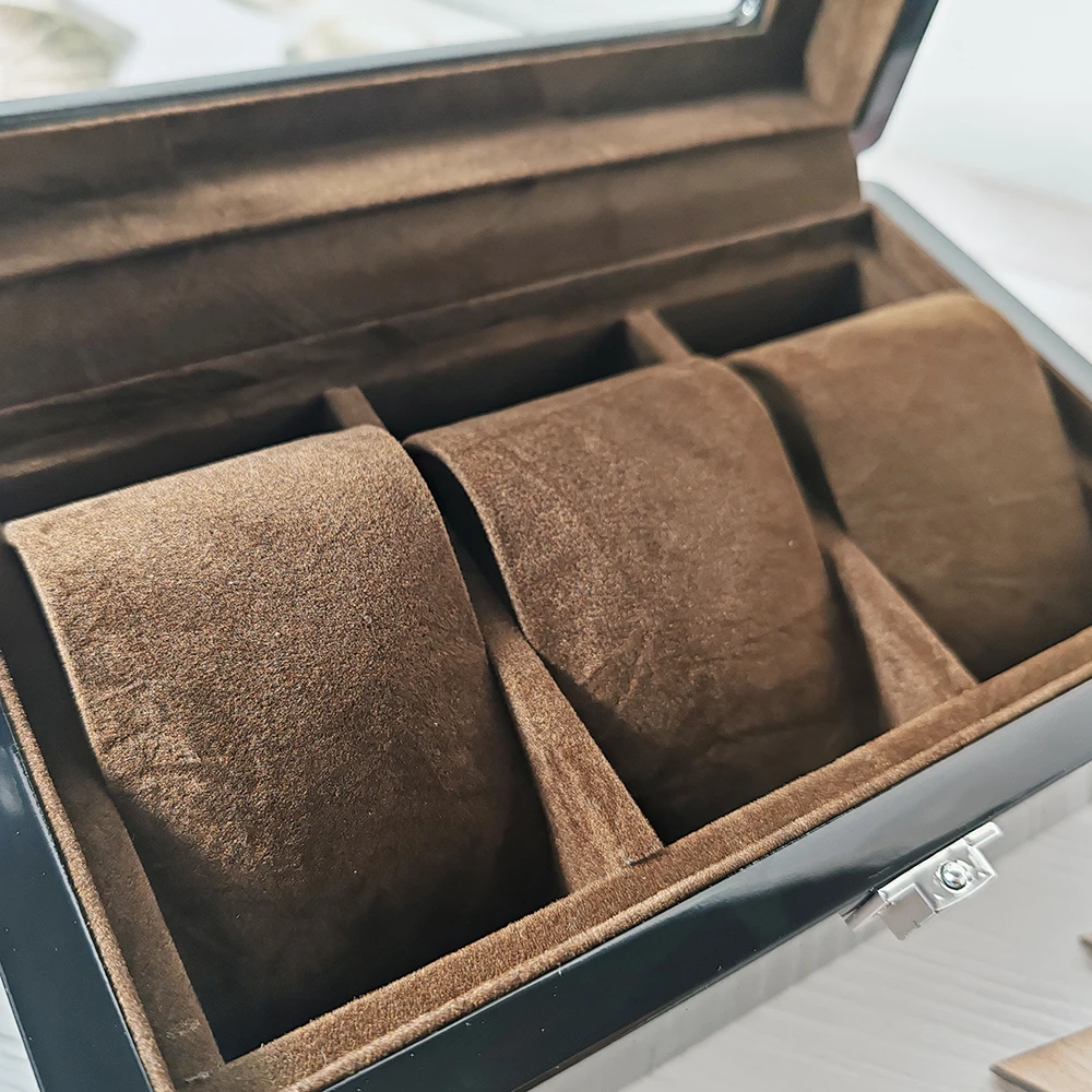 Luxury Wooden Watch Storage Box 3 slots with glass cover watch display collection case