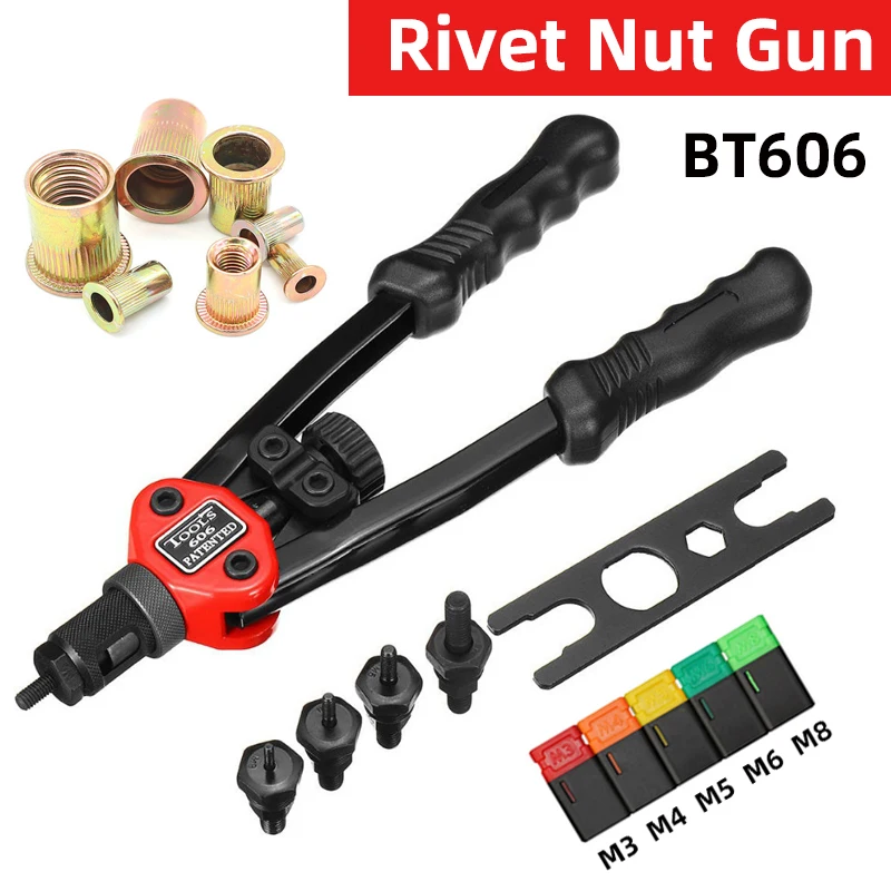 Riveter Gun Tool BT-606 Hand Threaded Rivnut Gun 200pcs Flat Head Thread Rivet Nuts M3 M4 M5 M6 M8 Double Handle Rivet Tools