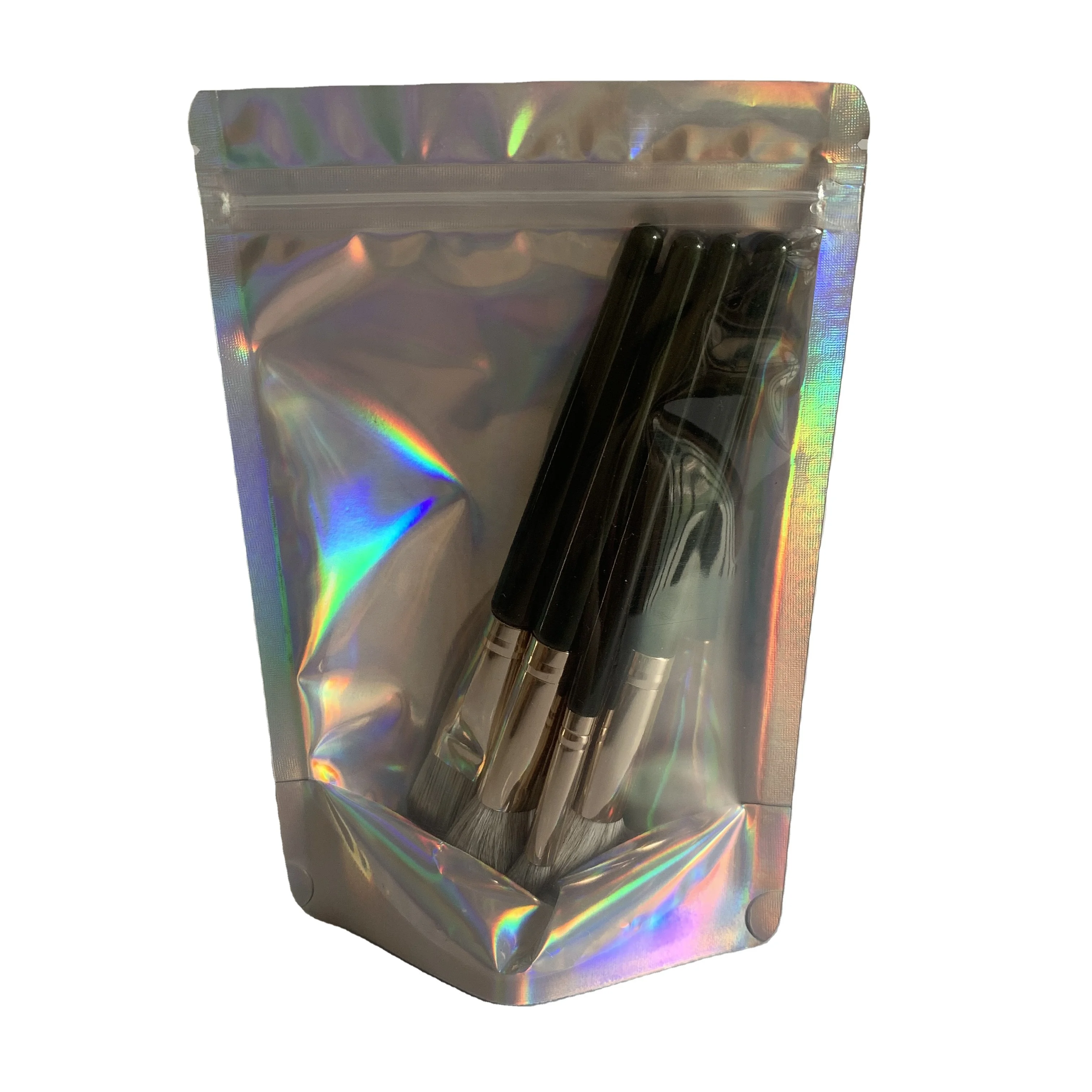 
Оптовая продажа, прозрачная голографическая Косметическая кисть с застежкой-молнией спереди, индивидуальная упаковка, стоячий мешочек 