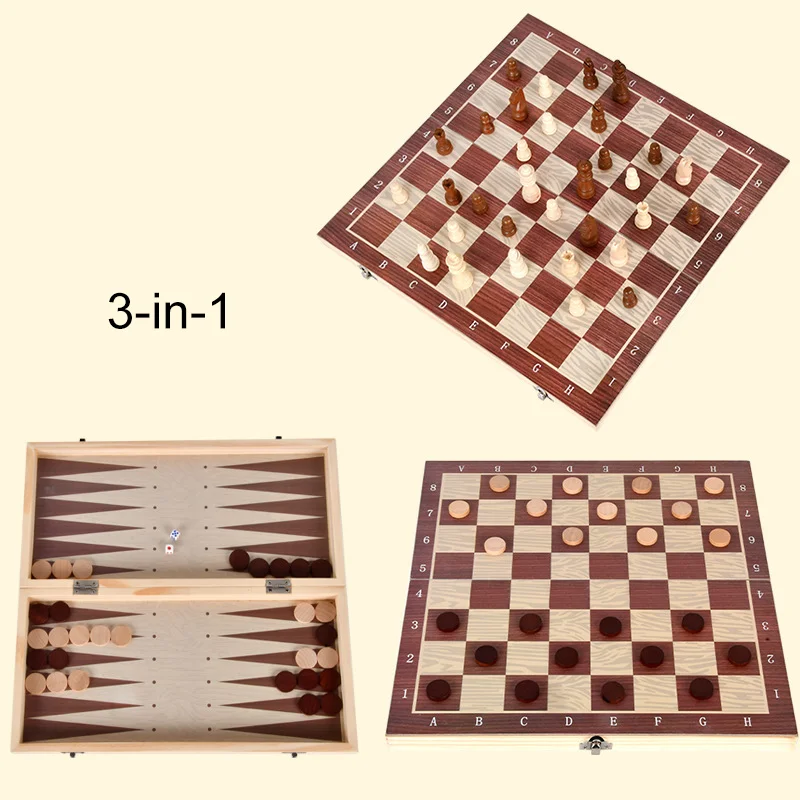 Dericsson 3-in-1 Wooden solid wood chess checkers Backgammon game Folding portable puzzle board toy