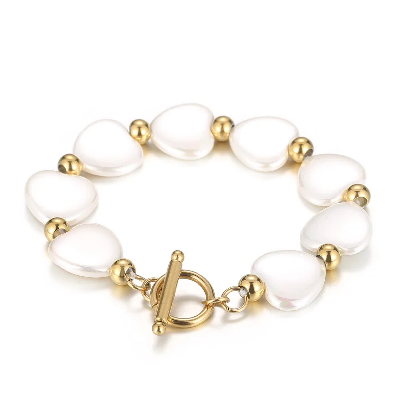 Kalen Heart White Shell Pearl Bead Bracelet Elegance 18K Gold Plated OT Lock Stainless Steel Bracelets