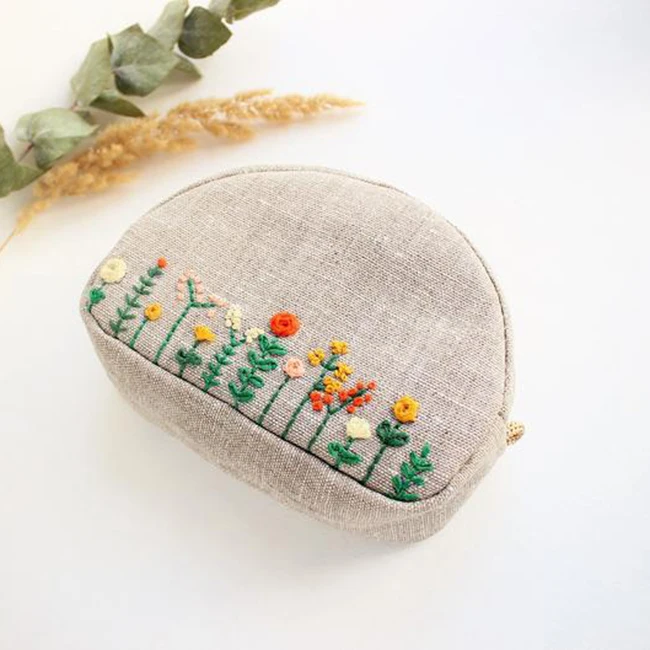 Custom Embroidered Flowers Floral Linen Makeup Zipper Pouch Small Cosmetic Bag