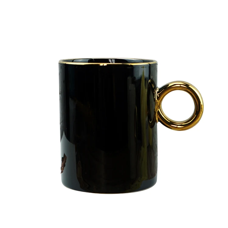 Glossy black 11oz  custom gold logo  ceramic mug  custom real gold Handle