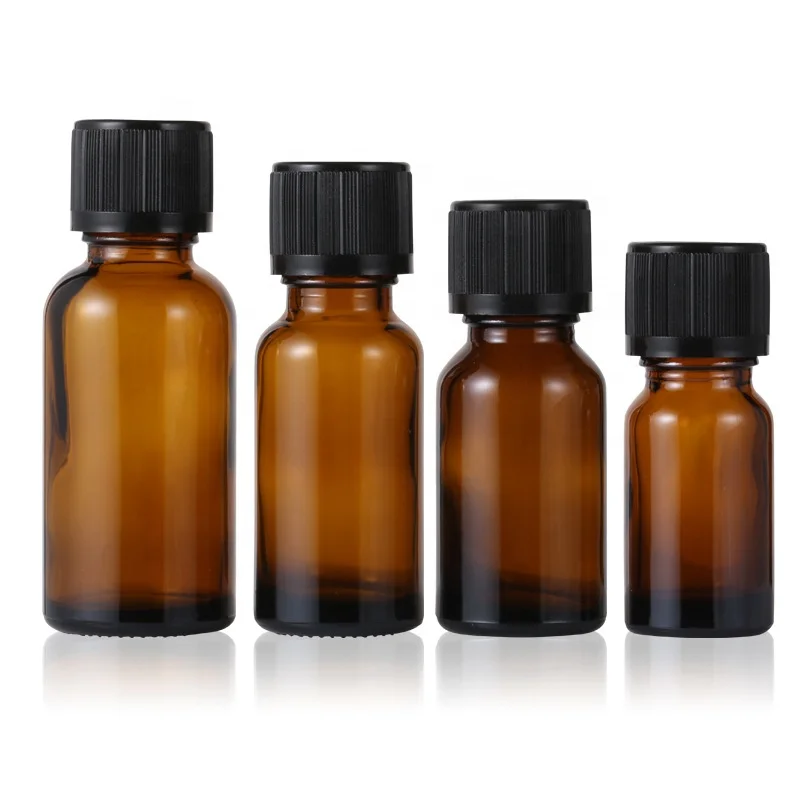 Wholesale amber cosmetic packaging 10ml 15ml round glass essential oil bottle boston glass reagent bottle with caps