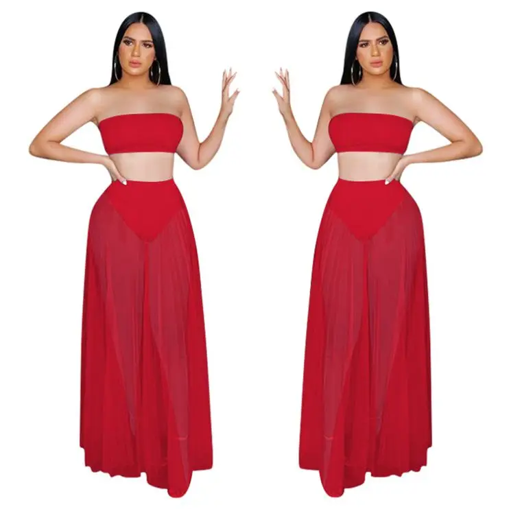 
0320M037 Solid Mesh Tube Top 2021 Summer Sexy 2 Pcs Dress Outfits Long Maxi Skirt And Top Two Piece Set Women Clothing For Women 