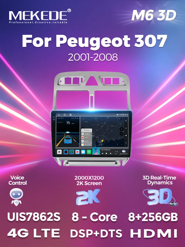 MEKEDE M6 PRO 3D car radio 4G LTE WIFI QLED screen 360 camera for Peugeot 307 2001-2008 car radio stereo GPS DSP BT