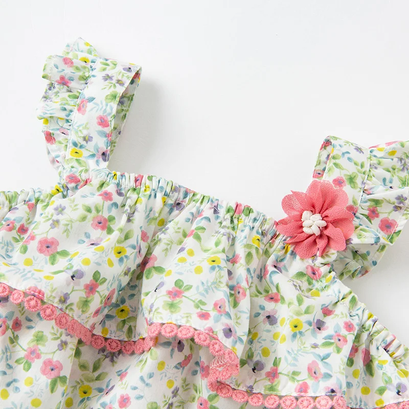 DBM17767 dave bella summer new born baby girls fashion floral print jumpsuits infant toddler clothes romper with a headwear