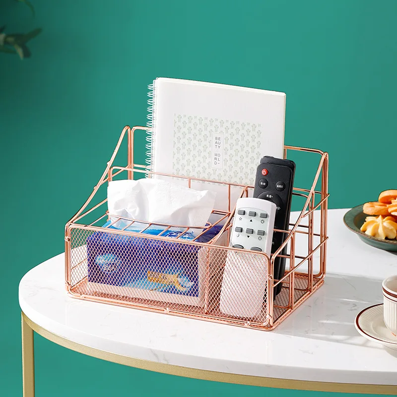 Nordic style metal wrought iron multifunctional living room office desktop tissue storage box cosmetic storage rack