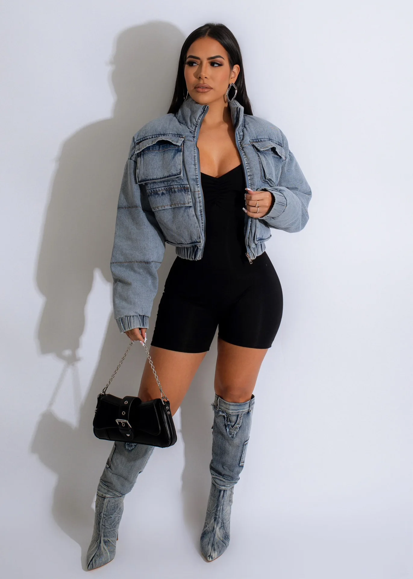 Liu Ming Wholesale Autumn Winter 2024 New Arrivals Sexy Elegant Women Stylish Pocket Denim Padded Jacket Casual Puffer Coat