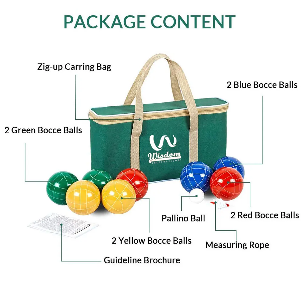 Boccia Ball Set Outdoor Family Bocce Game For Backyard Lawn Beach Set of 8 Poly Resin Balls & 1 Pallino & Nylon Carrying Case