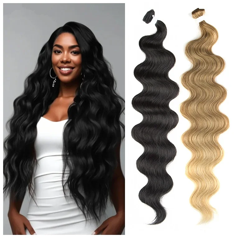 Super soft smooth premium fiber 18 to 36 inches body wave ombre blonde weave hair bundles synthetic hair extensions