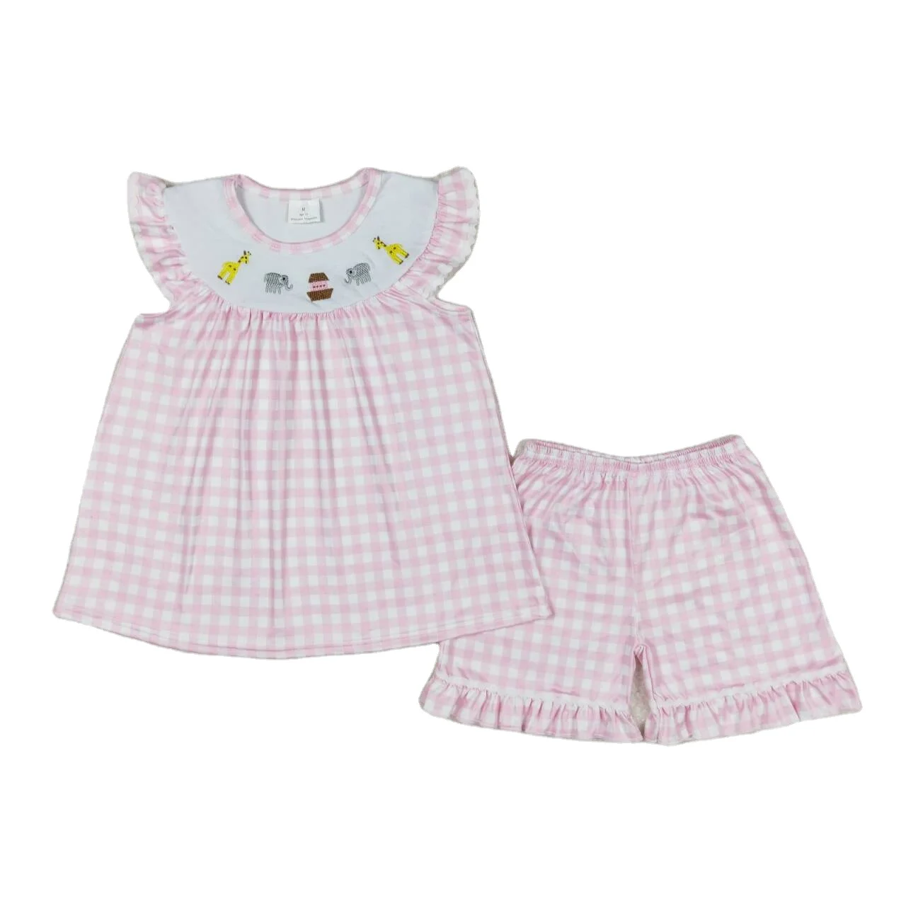 GSSO0795 Embroidered giraffe elephant pink-white plaid flying sleeve shorts set high quality little girls summer clothing sets