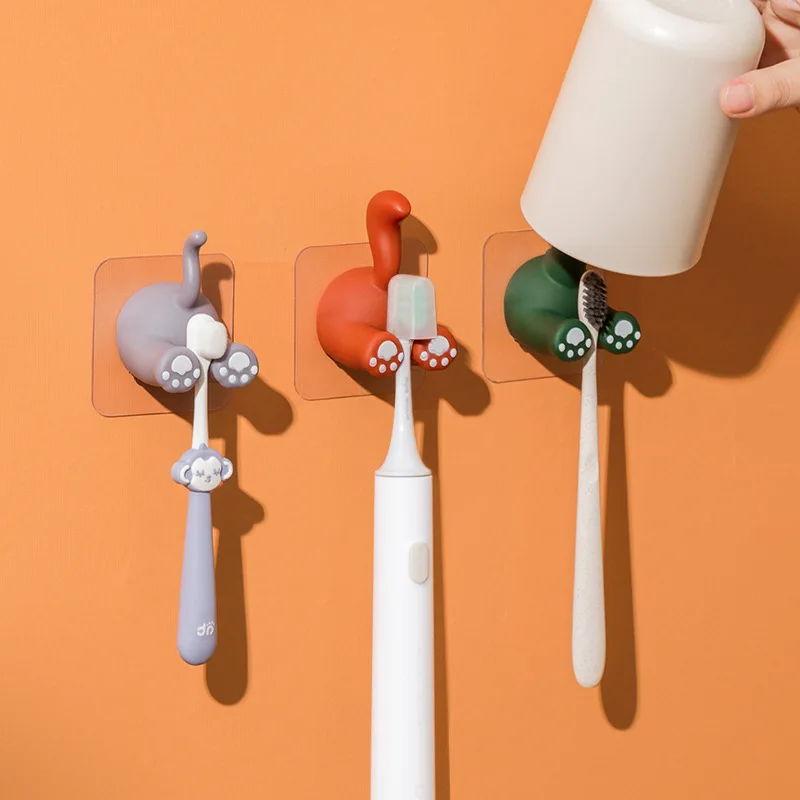 Adhesive Hook Punch-free Toothbrush Holder Storage Cartoon Rack Wall Plug Multi Function Plastic Self-Adhesive for Bathroom