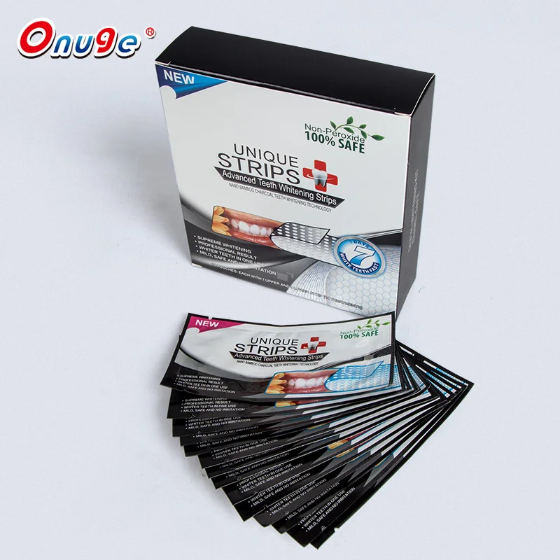 28 Pieces Dental White Onuge Tooth Cleaning Organic Bamboo Charcoal Bleaching Bright Teeth Whitening Strips Logo