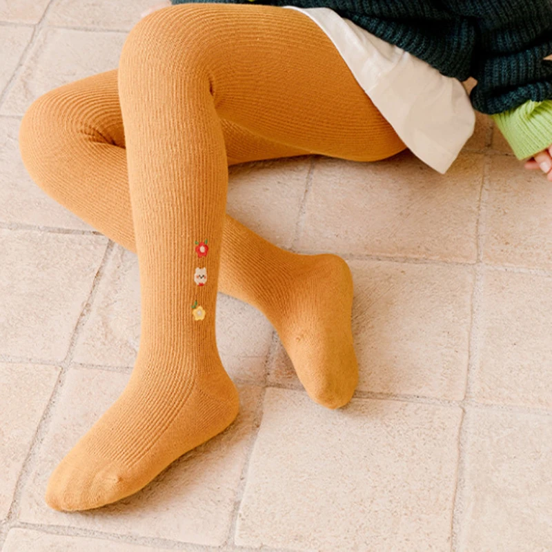 Embroidered Flower Children Baby Pantyhose Kids Girl White Cotton Knitted Ribbed Tights