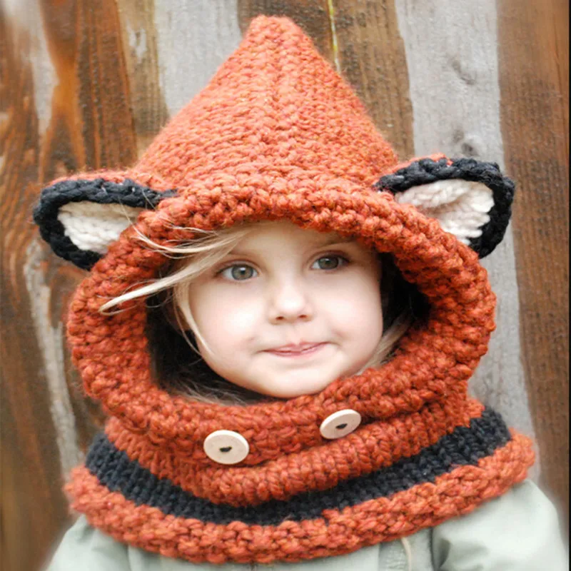 2022 Winter Kids Fox Ears Handmade Beanie Hat Scarf Sets for Children Girls Scarves kid pullover hat