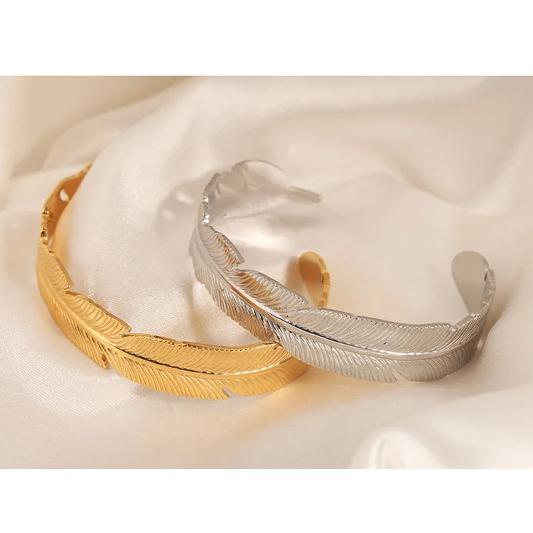 wholesale bohemian stainless steel feather bangle and rings open adjustable size jewelry set for men and women