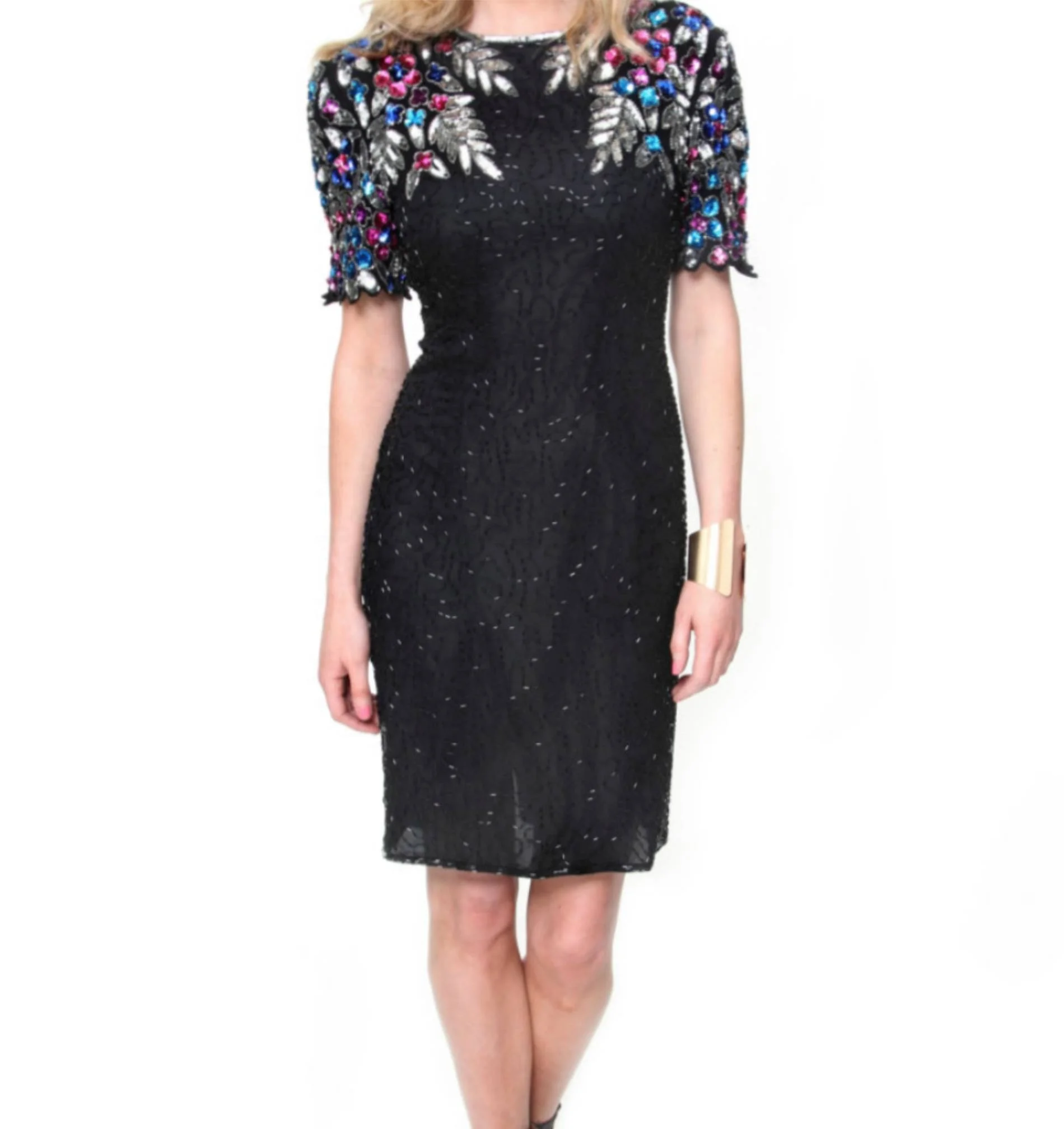 Shiny Black floral Sequins handmade short Dress