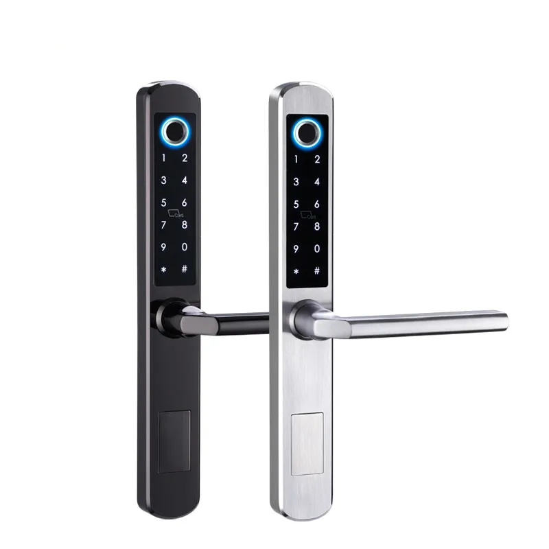 Patent design super slim aluminium door handle fingerprint lock for air bnb
