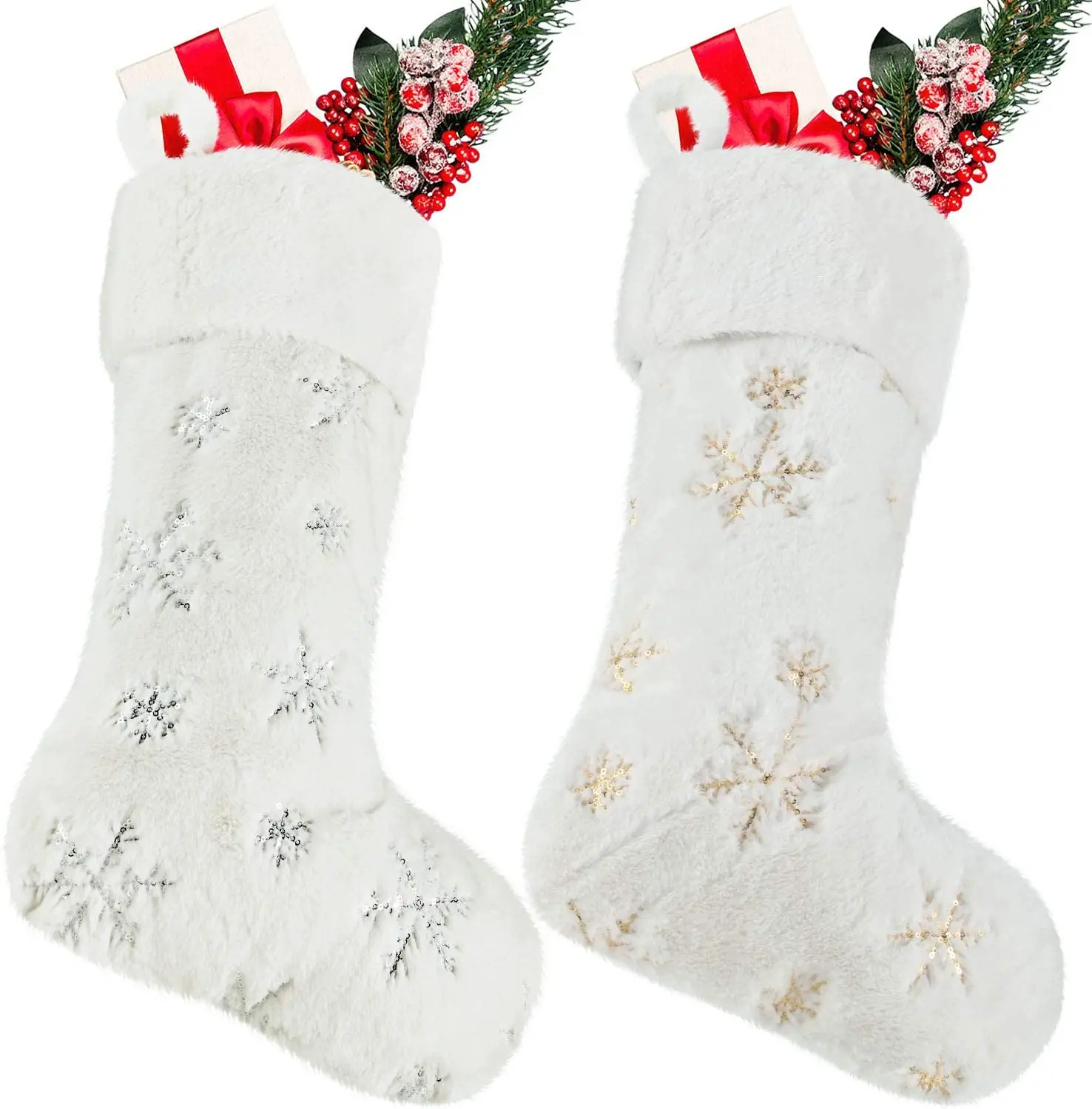 Large size sublimated white plush embroidered snowflake Christmas stocking custom made