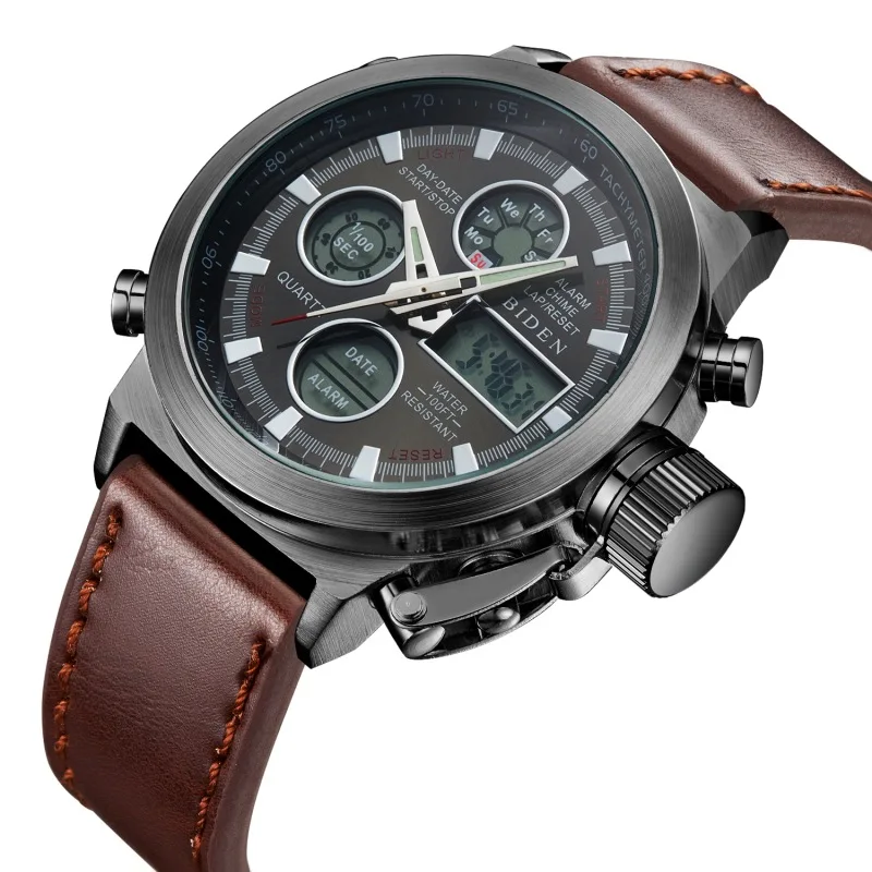 BIDEN Digital Watch Fashion Men Electronic Leather Watches LED Display Quartz Dual Movement Wristwatches