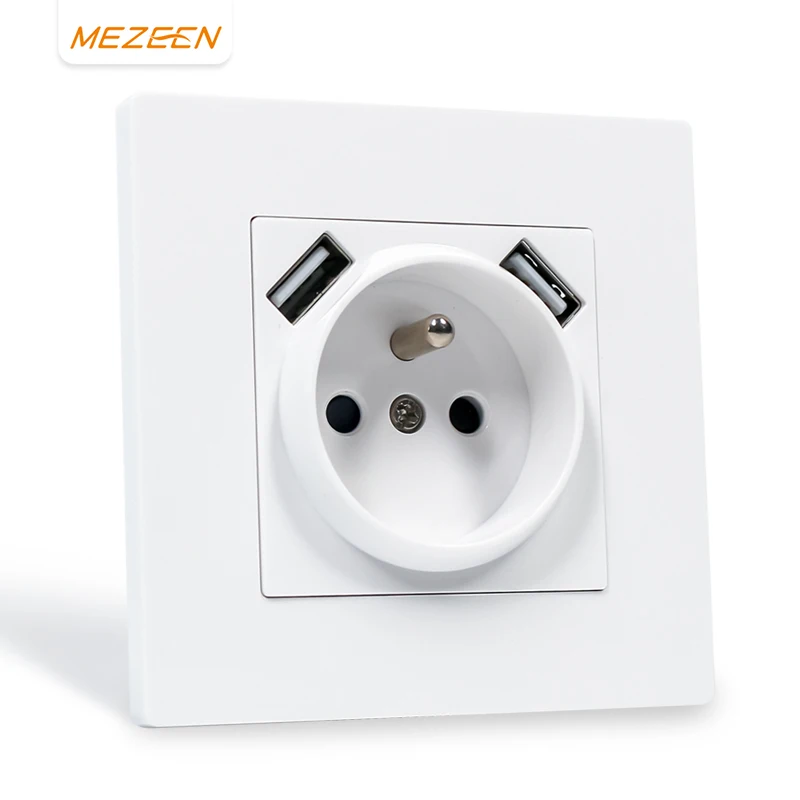 CE RoHS EU standard PC plastic board 86*86mm 240V wall socket french socket with type A USB ports charger