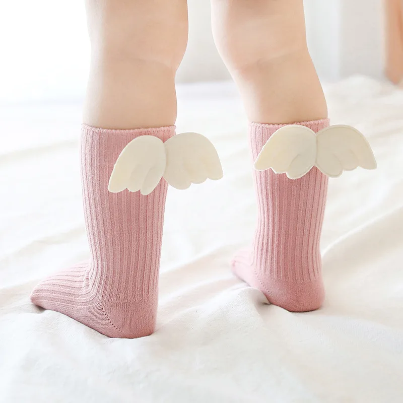OEM Baby Cotton Knee High Socks Toddler Short Girl Cartoon Angel Wing Anti-slip Socks Kids High Elastic Custom Logo Floor Socks
