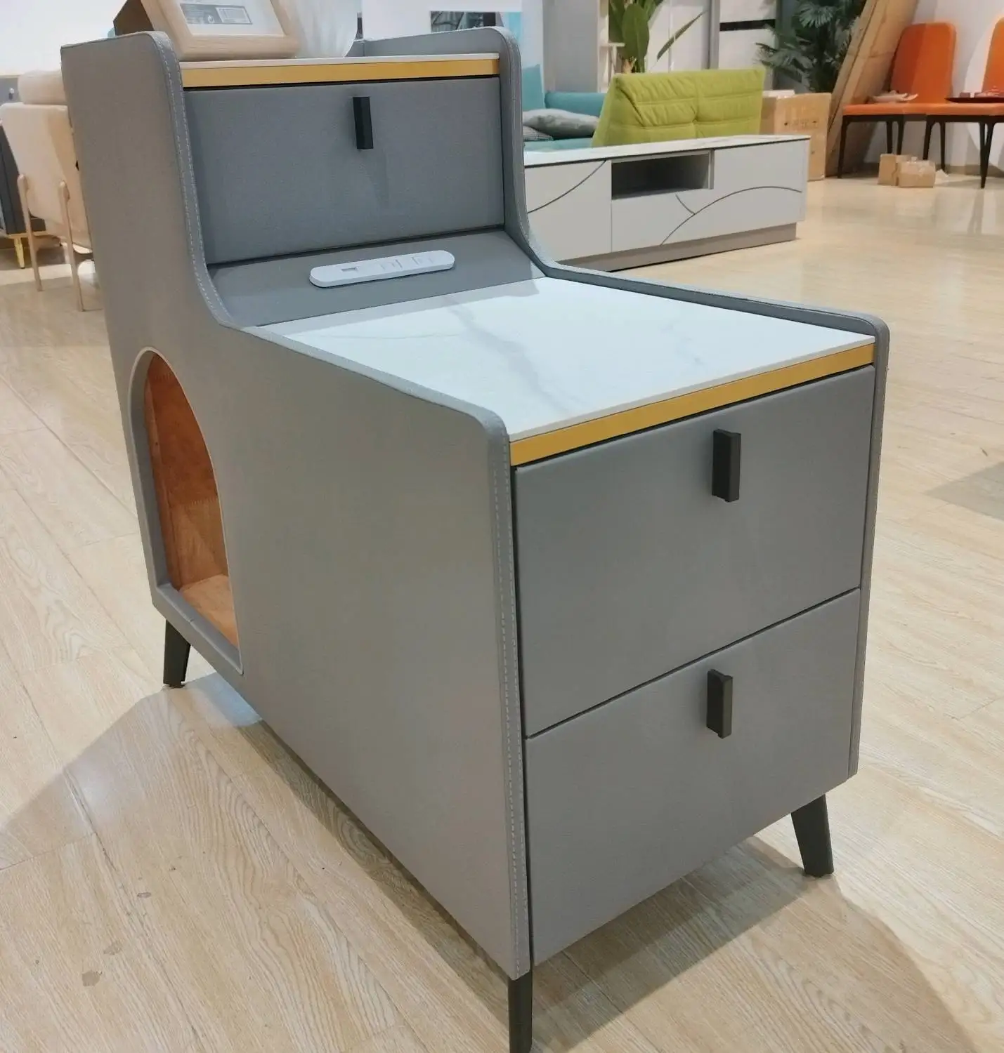 Кожаный высококачественный маленький диван для гостиной рядом с двойным ящиком, журнальный столик, прикроватная тумбочка для спальни