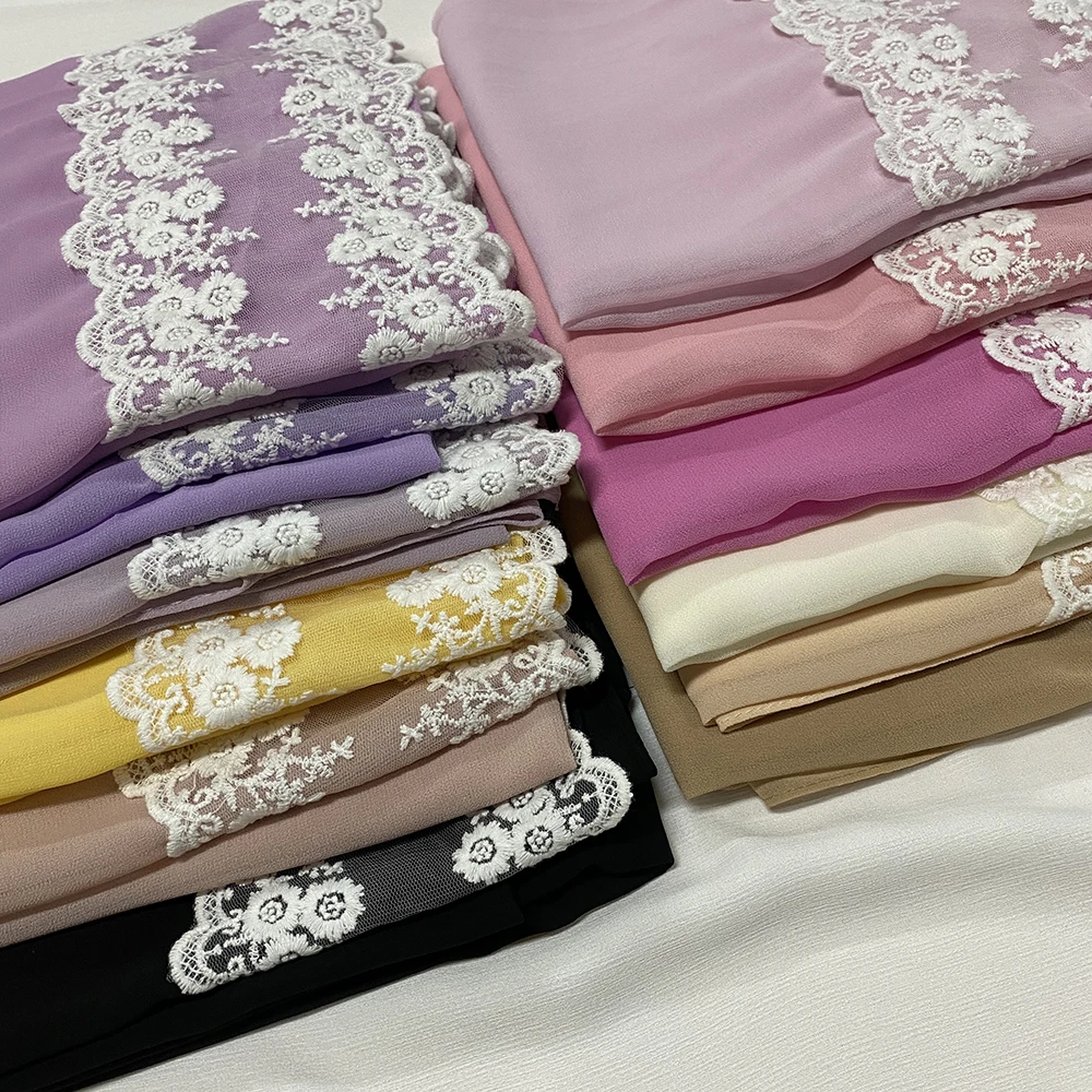 2022 Trendy Women Embroidered Lace Hijab Stitching Chiffon Scarf Hijabs Long Size White Lace Elegant Shawls Wrap Foulard