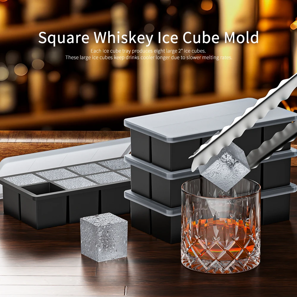 Large Silicone Ice Cube Trays for Whiskey,2-Inch Square Ice Cubes for Bourbon, Whisky Cocktails Giant Ice Cube Tray