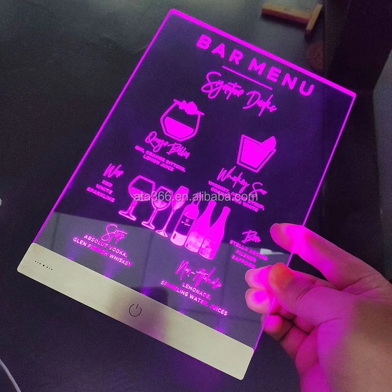 10 Custom LED Type C Recharged battery LED Music Acrylic Restaurant Menu LED Bar Menu with Gift box Neon Restaurant Menu Display