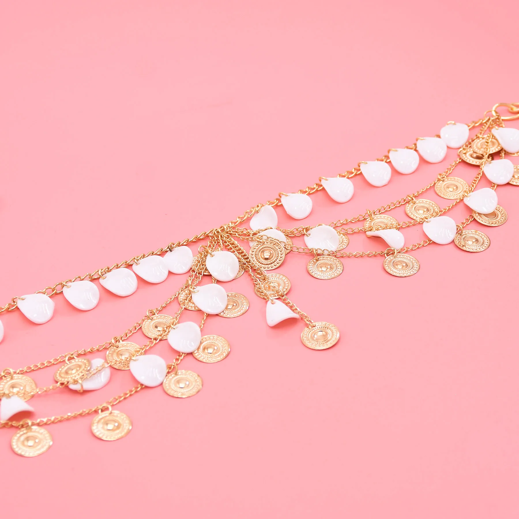 Exquisite Ethnic Style Acrylic Petal Coin Tassel Imitation Pearl Alloy Flower Waist Belt Chain Multi-layer Body Chain for Women